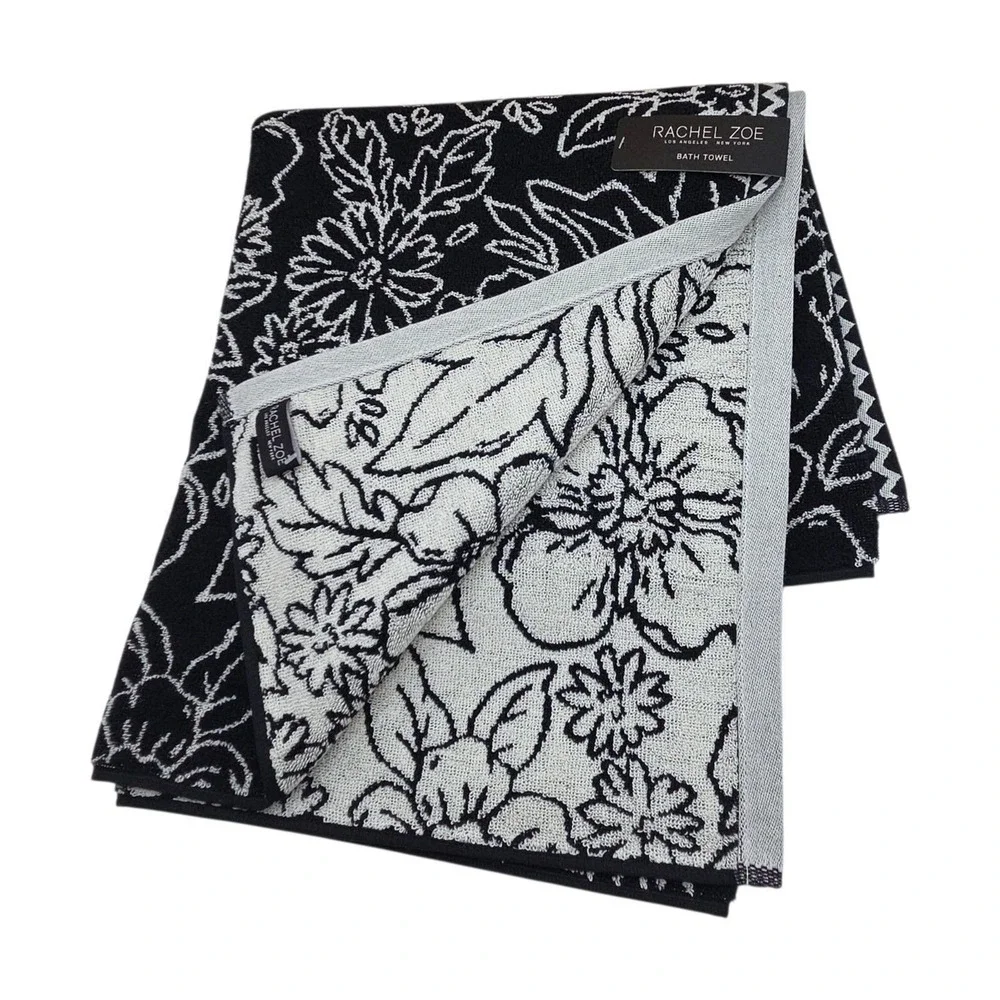 Rachel Zoe Black Ecru Floral Reversible Cotton Towel Set 4pc 2 Bath 2 Hand